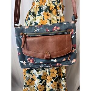 Floral Canvas Shoulder Bag with Faux Leather Accents - Excellent Condition